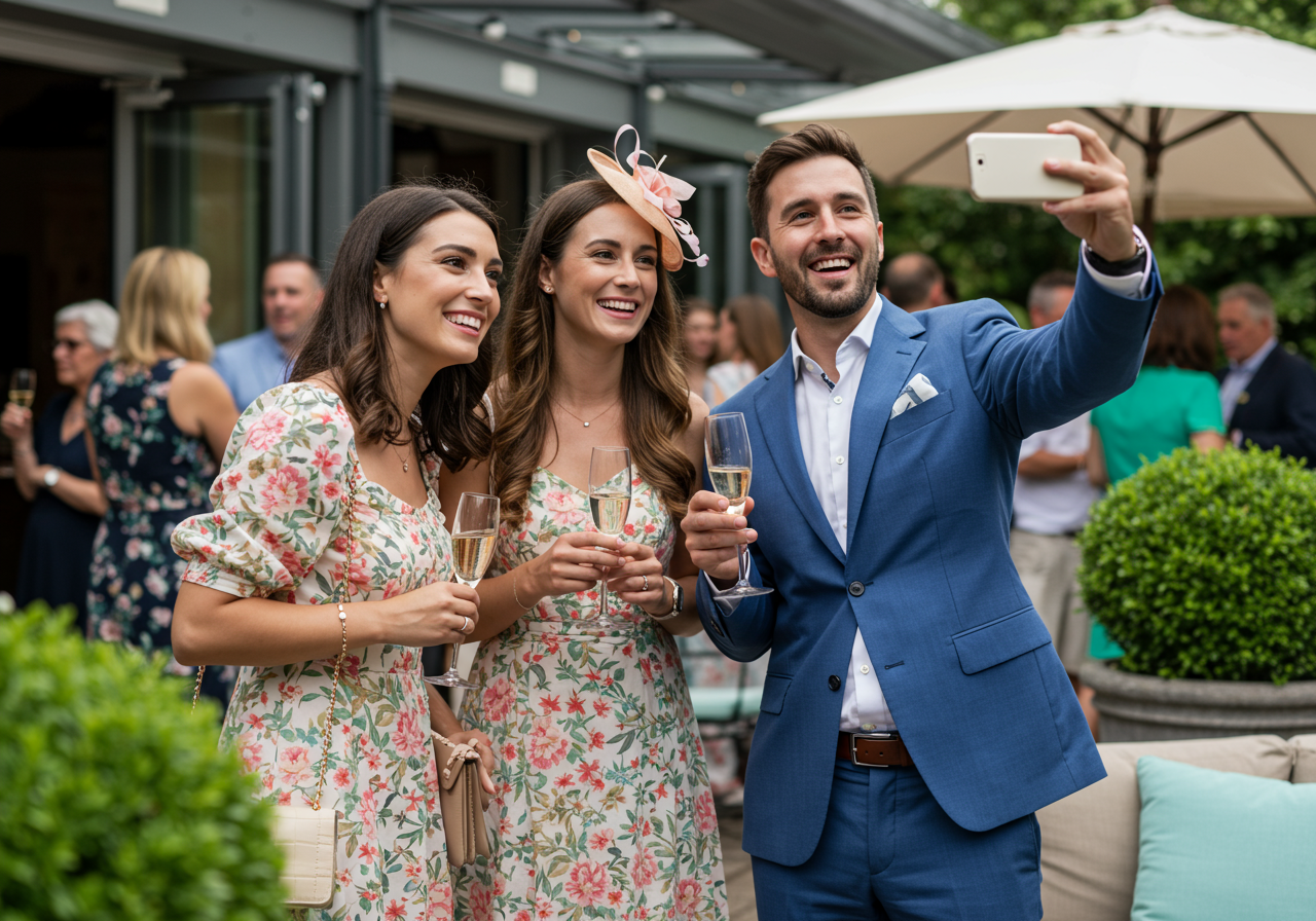 A group of three people, two women in floral dresses and a man in a blue suit, take a selfie at a festive outdoor gathering.