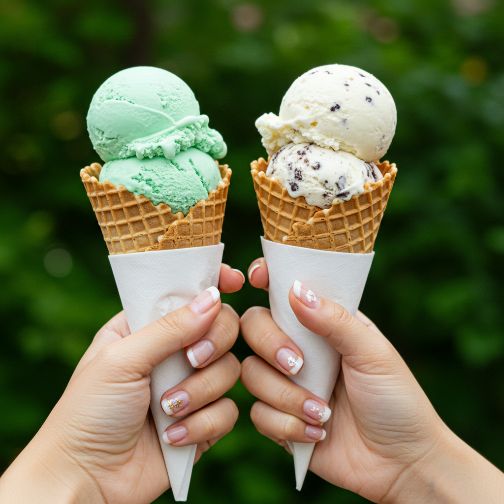 Two decorated hands hold waffle cones with mint and chocolate-chip ice cream.