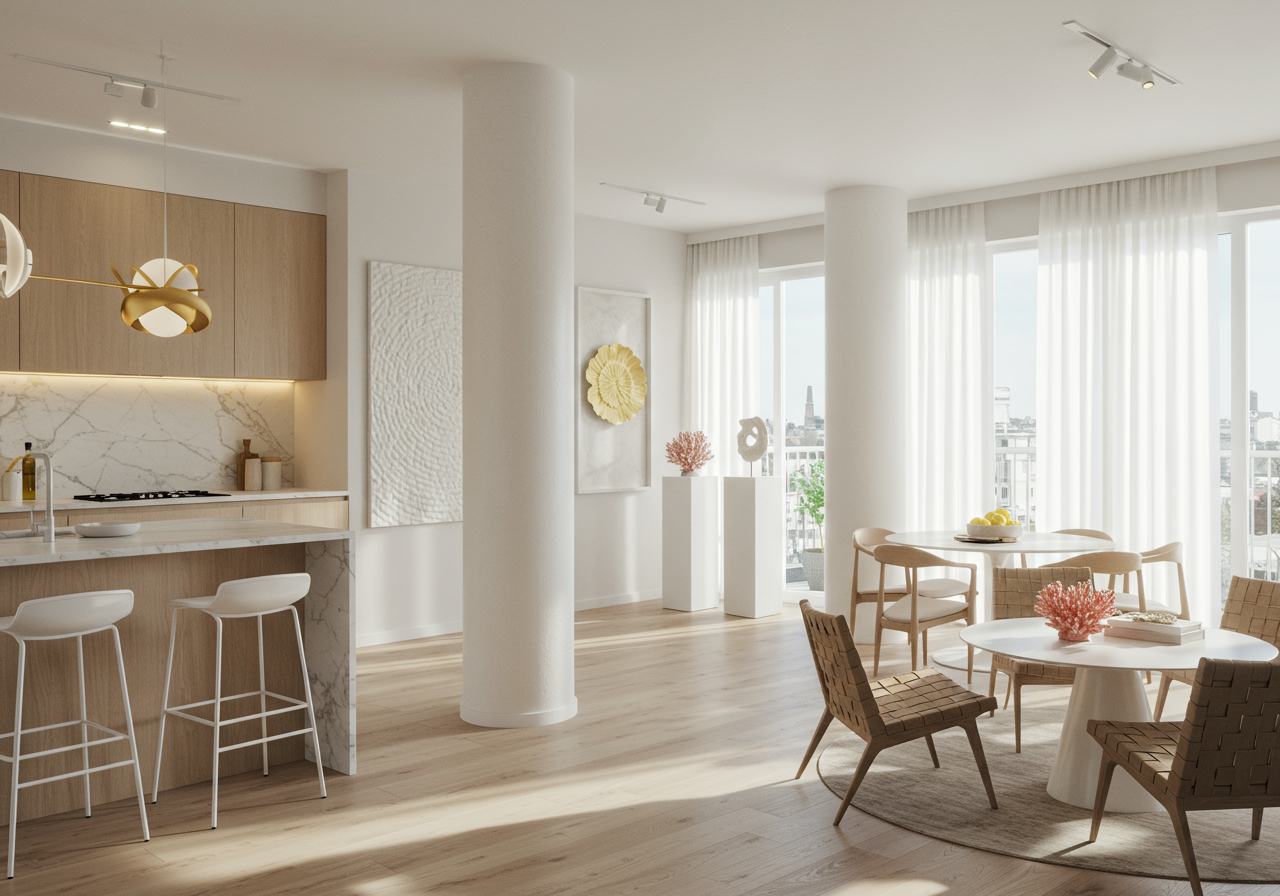 an apartment's minimalist kitchen in whites and light woods