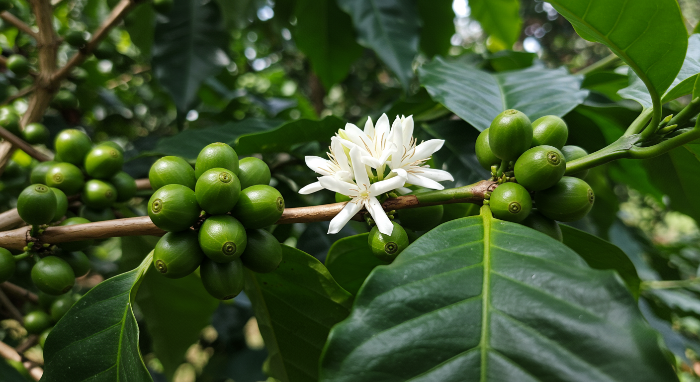 coffee plant with beans and blooms