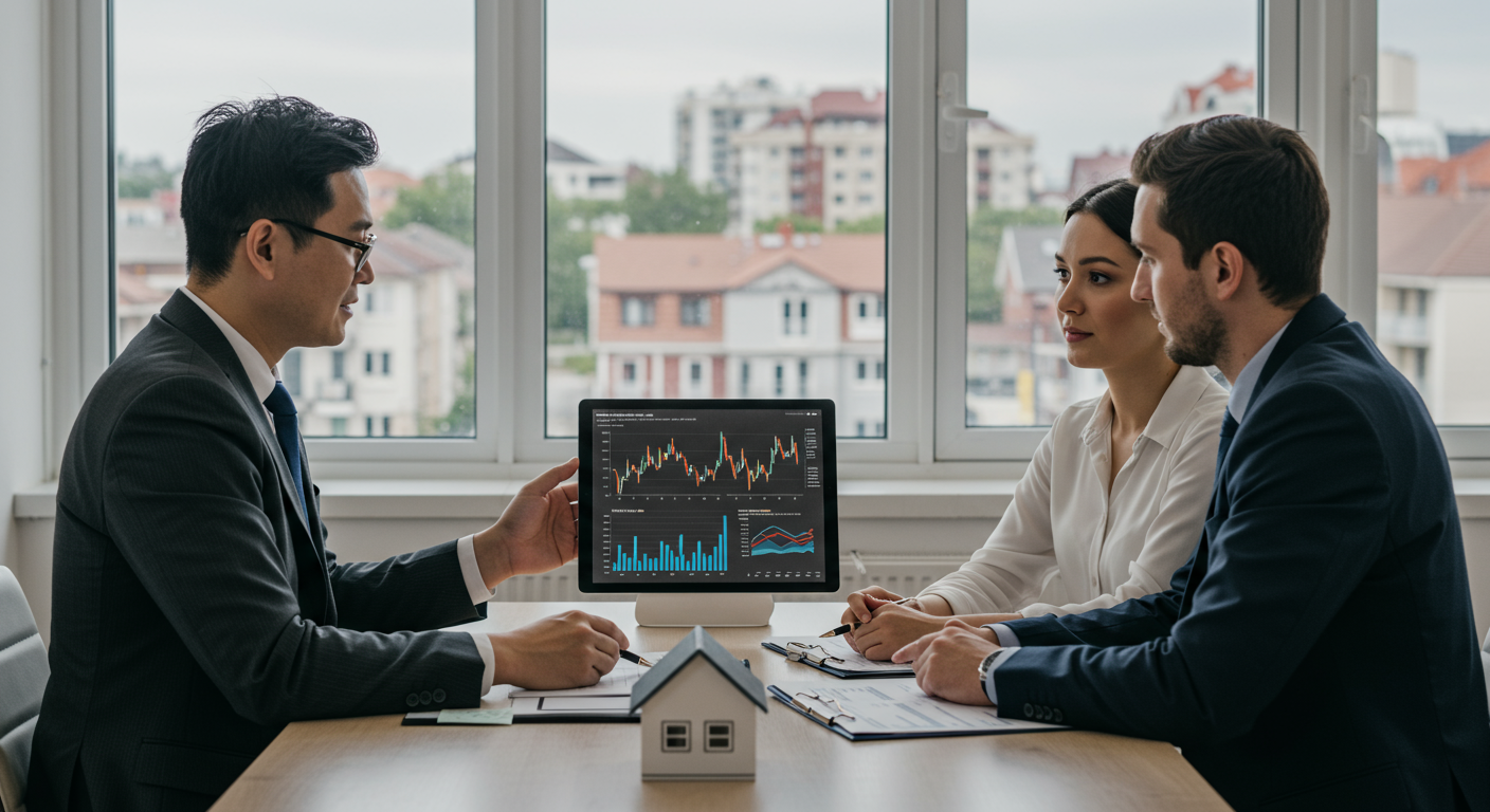 Three adults discuss real estate charts and documents around a conference table.