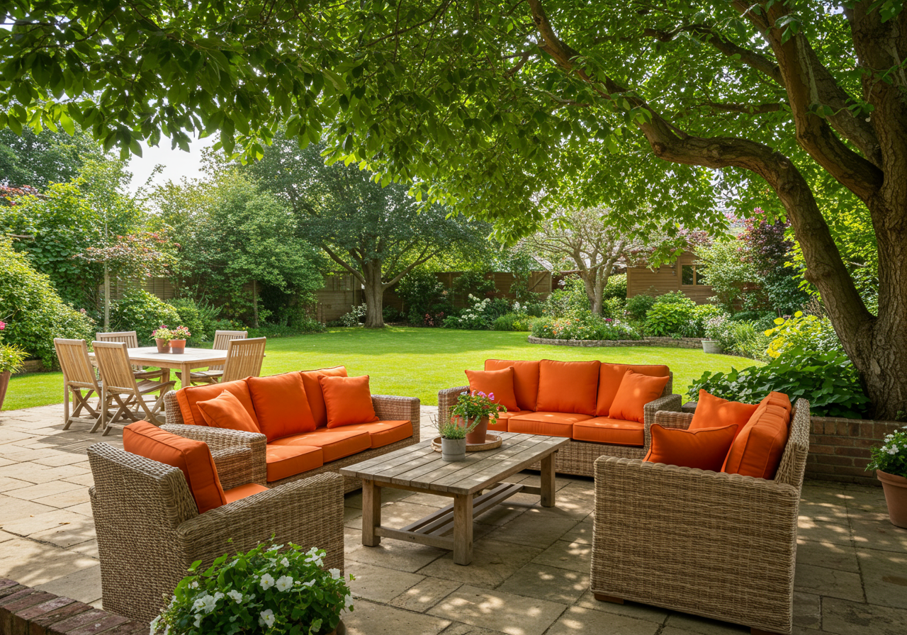 Backyard patio with orange-cushioned wicker seating, a wooden coffee table, and mature shade trees.