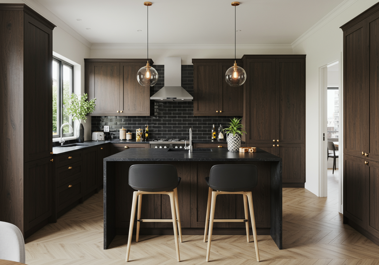 kitchen with mahogany cabinets and dark countertops