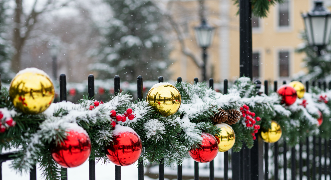 Christmas garland on fence gate