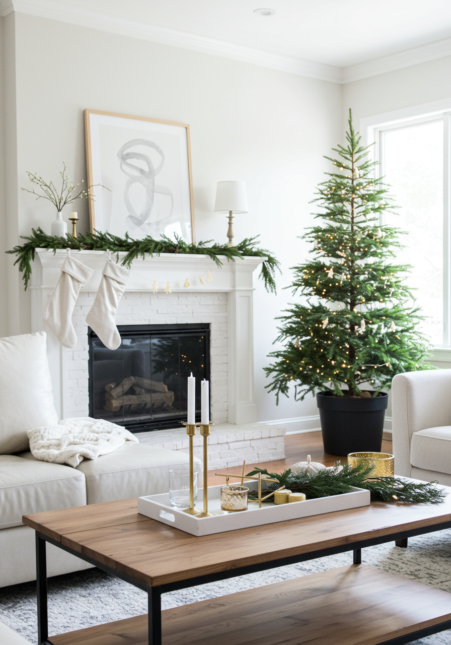 Simplistic Christmas tree with small string lights.