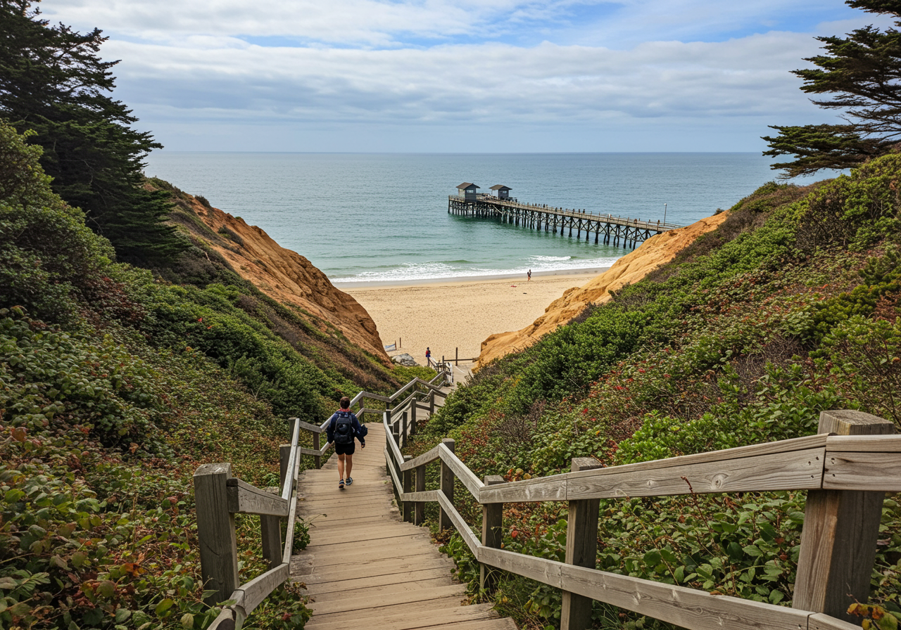 Picture of the stairs at seacliff beach. picture of the ss Palo Alto.