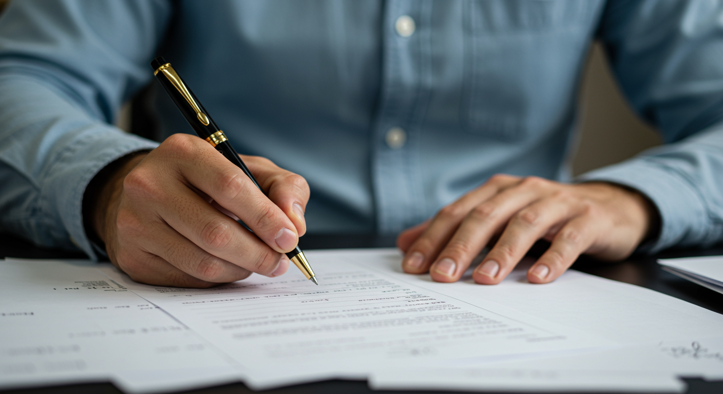 Person in a blue shirt writing on documents with a pen, seated at a desk.