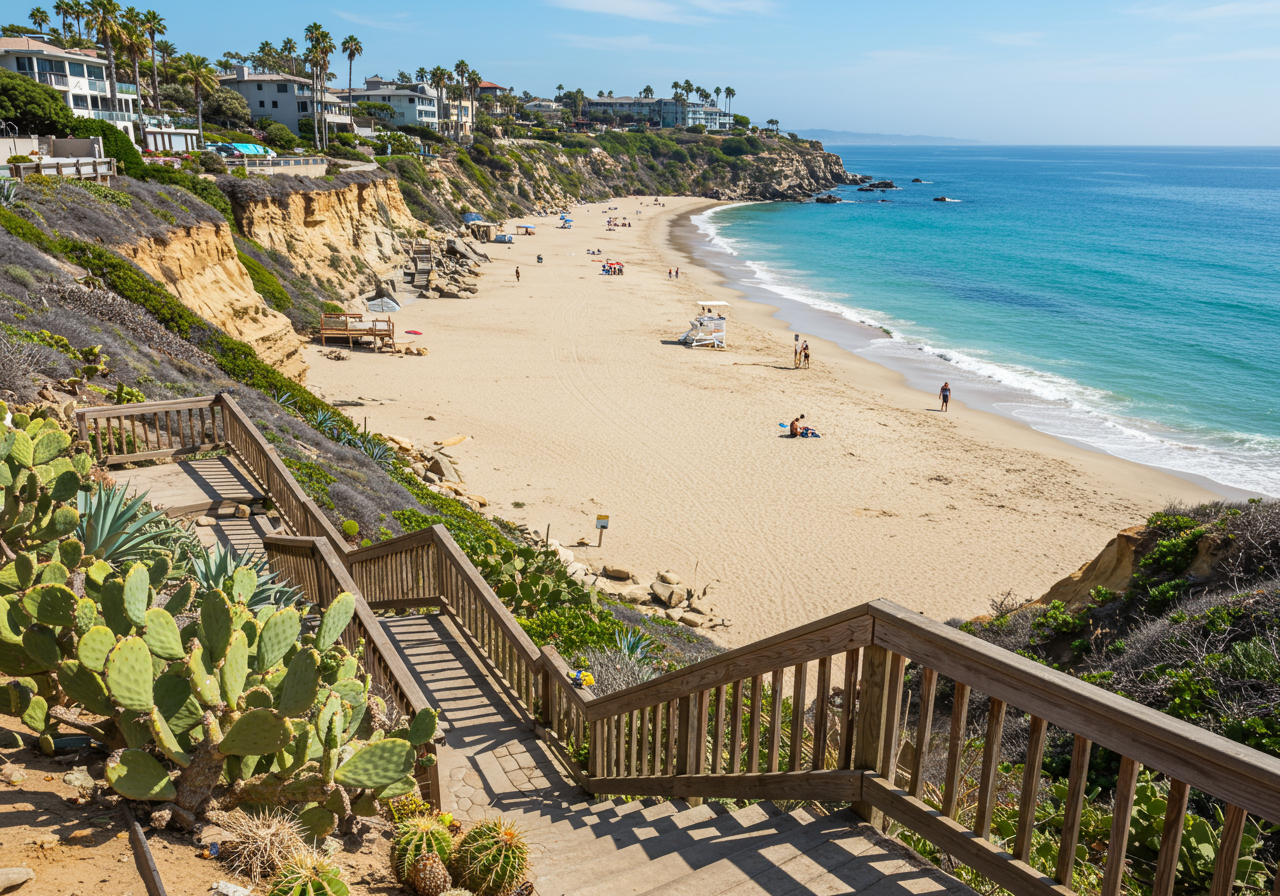 Empty beach with sandy shore, surrounded by cliffs and ocean view.