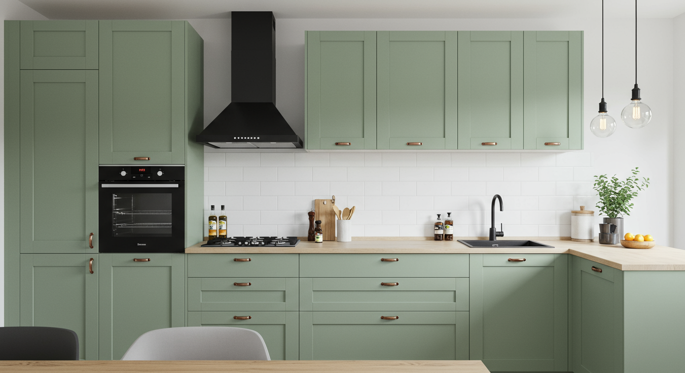 Moss green kitchen cabinets
