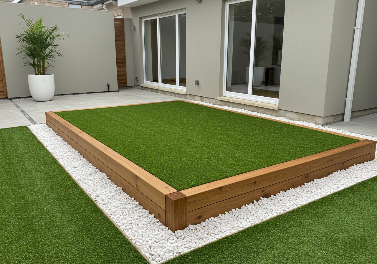Artificial grass lawn turf with wooden edging in the front yard of a modern Australian home or residential house.