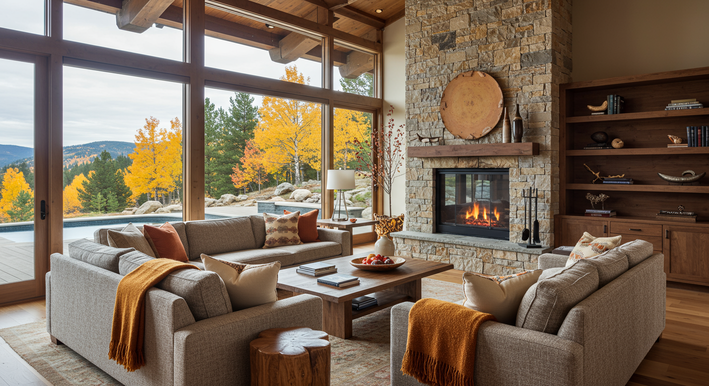 A cozy living room with a stone fireplace, furniture in various textures, and a pool view from floor-to-ceiling windows.