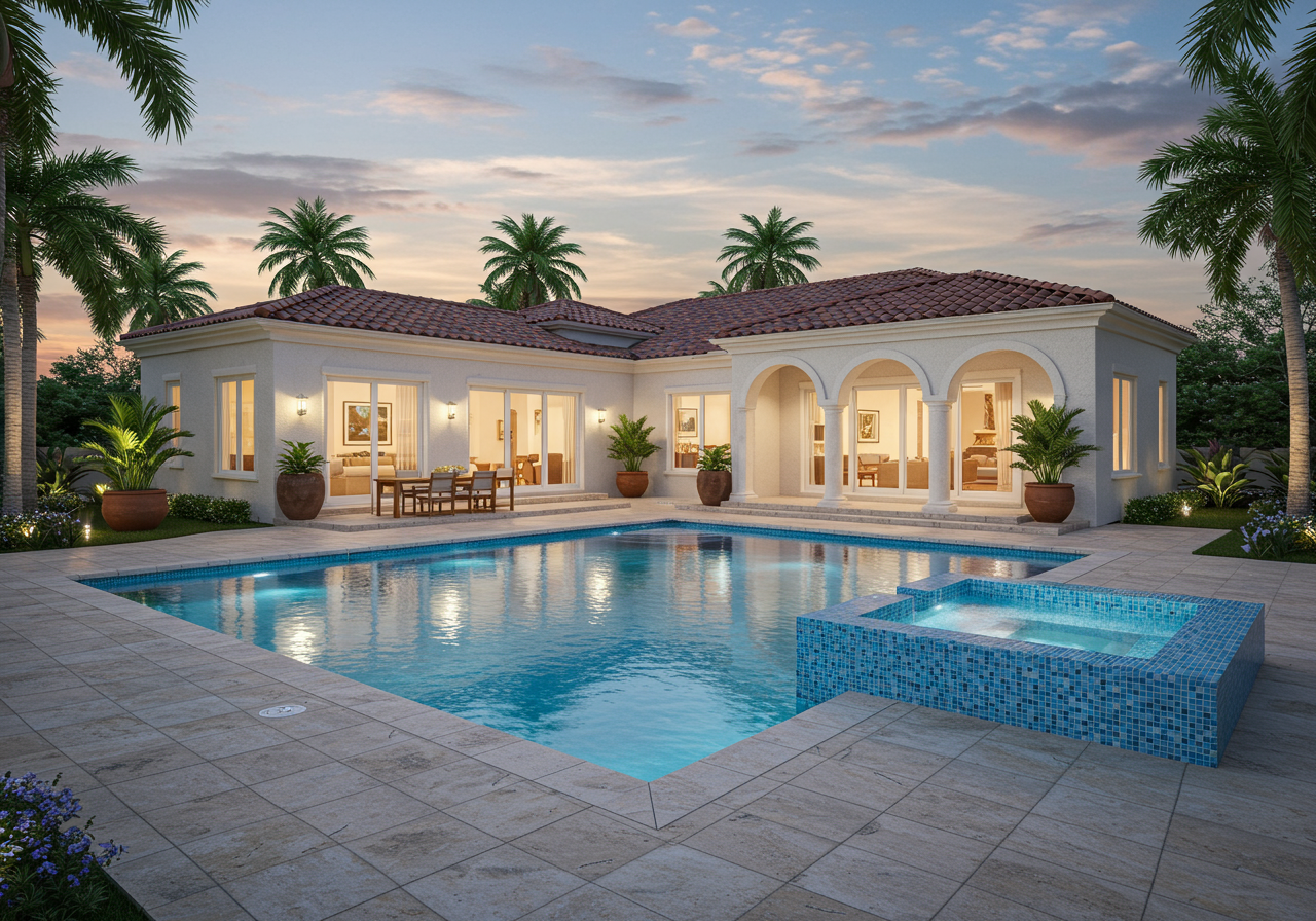 Backyard pool with outdoor entertaining spaces