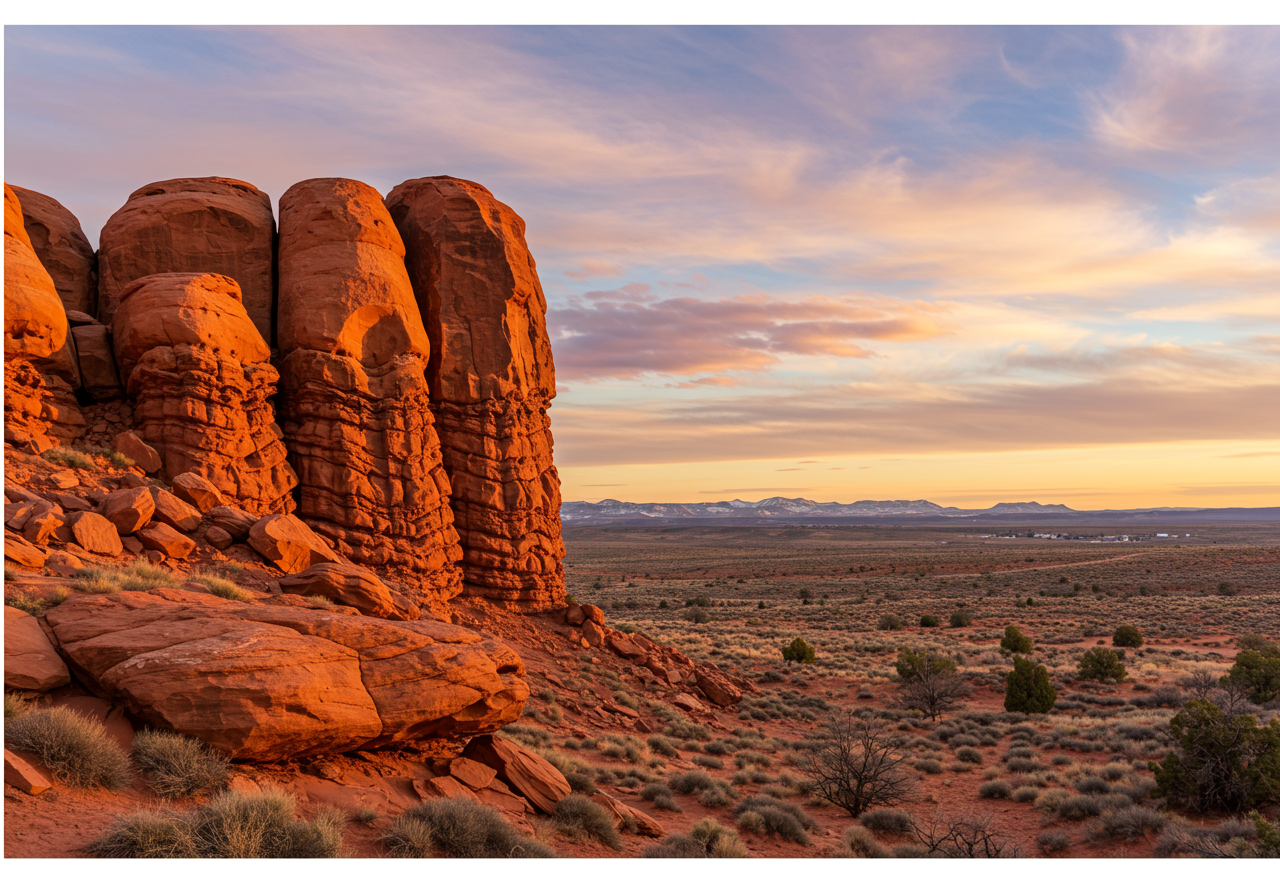 Red sandstone formations overlook a scrub-covered desert plain beneath a pastel sunset sky.