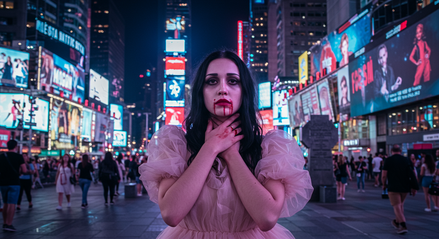A woman in a pink dress stands in Times Square as if she's been bitten by a vampire.