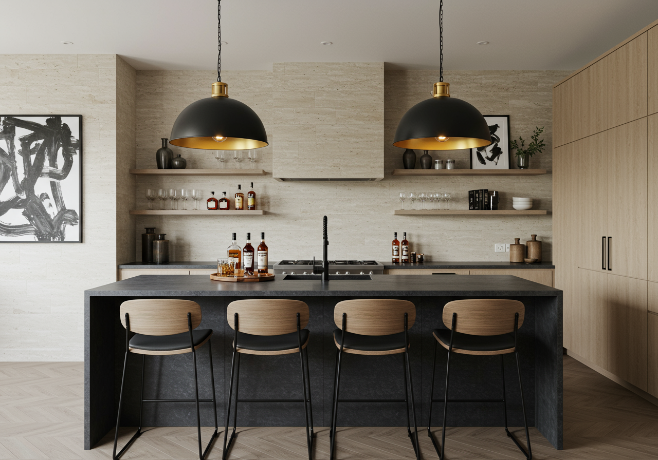 a home bar with a contemporary artwork hanging above the space