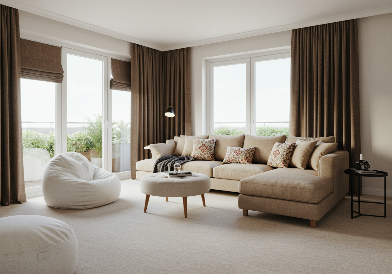 Living room with a beige sectional, round ottoman, white beanbag chairs, and tall curtained windows.
