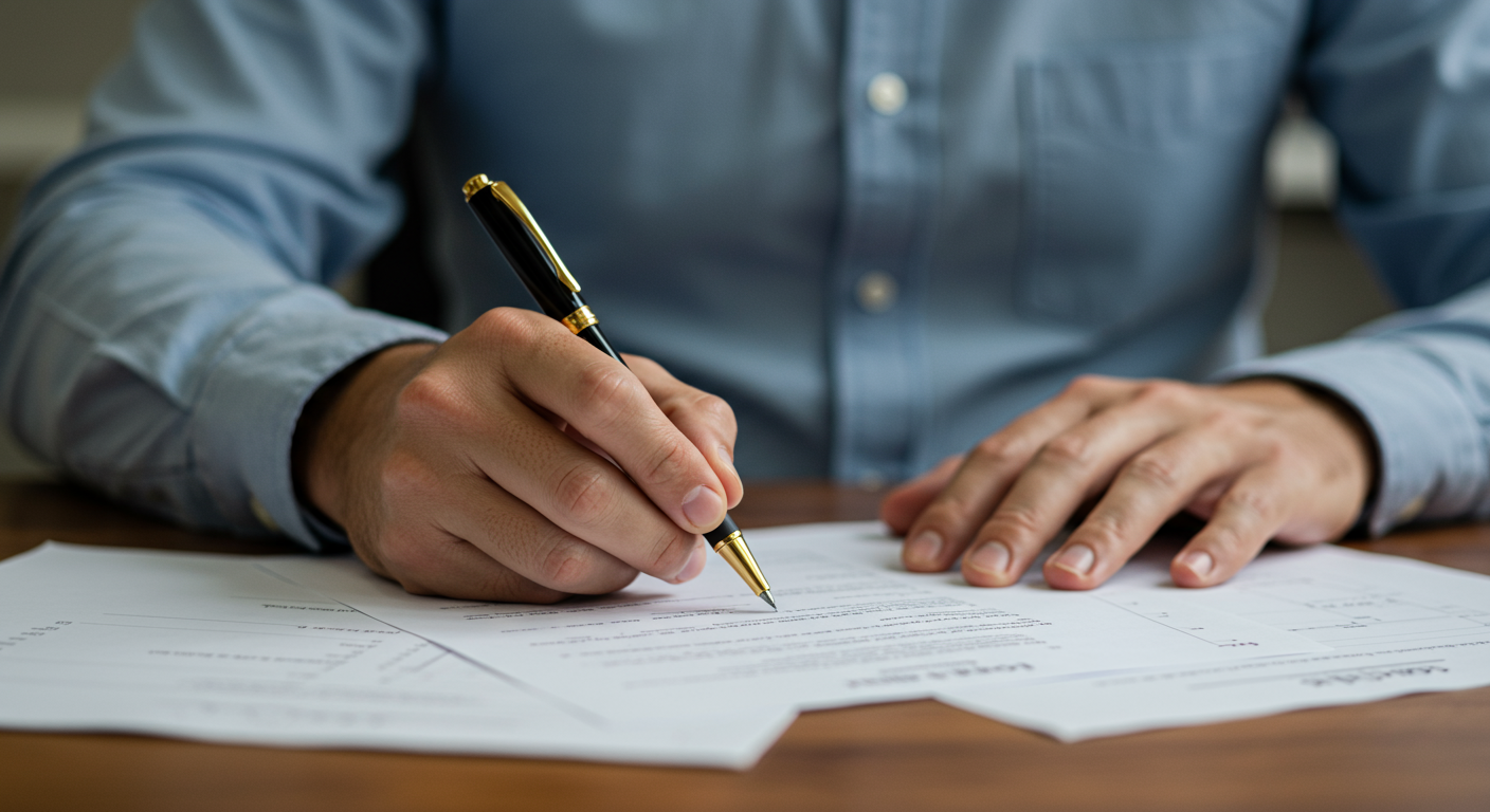Close-up of a person signing a legal document with a pen on a wooden desk.
