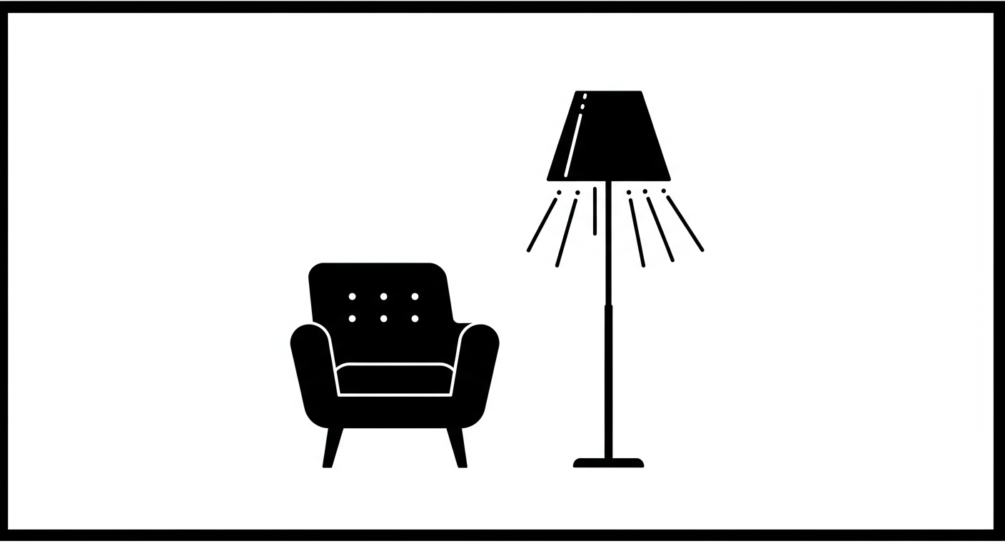 Armchair and floor lamp icon representing home furnishings.