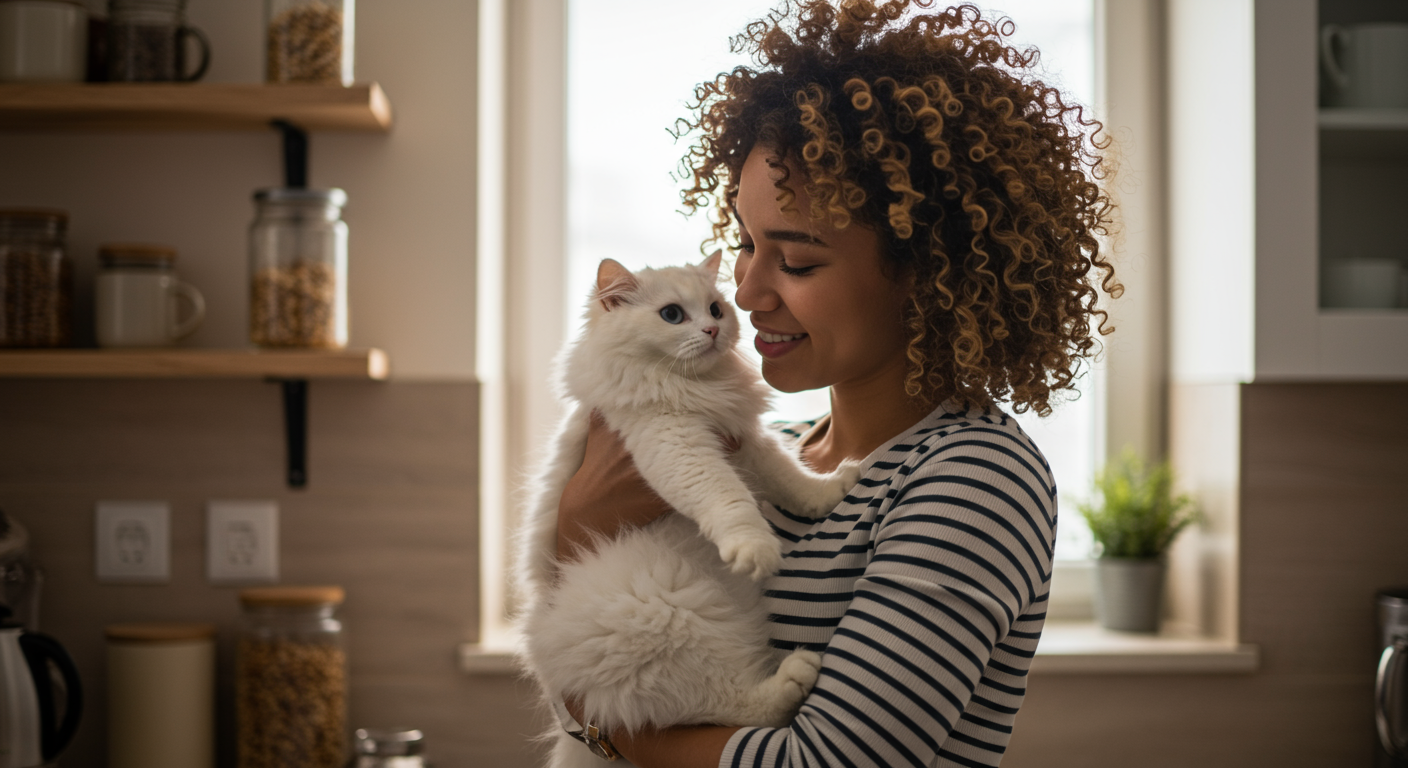 woman hugs fluffy white cat