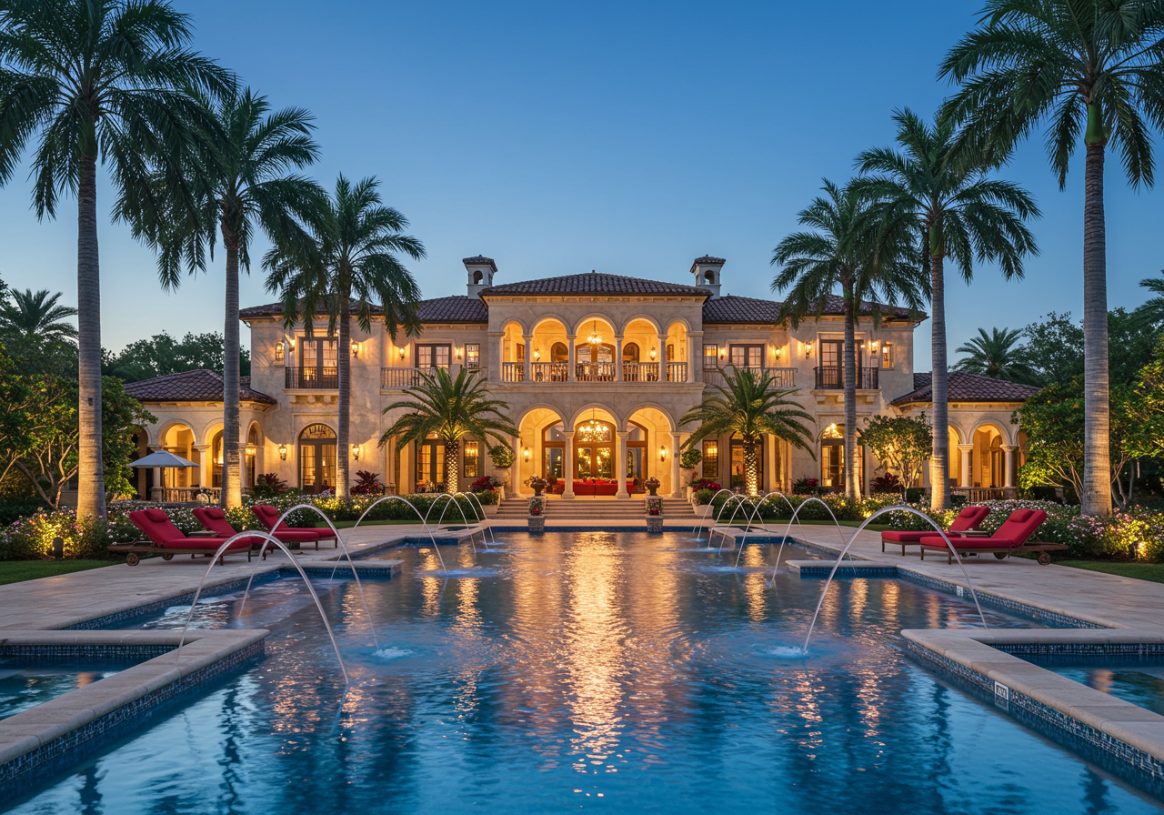 Mediterranean-style home with a lit arched facade behind a palm-lined pool at dusk.