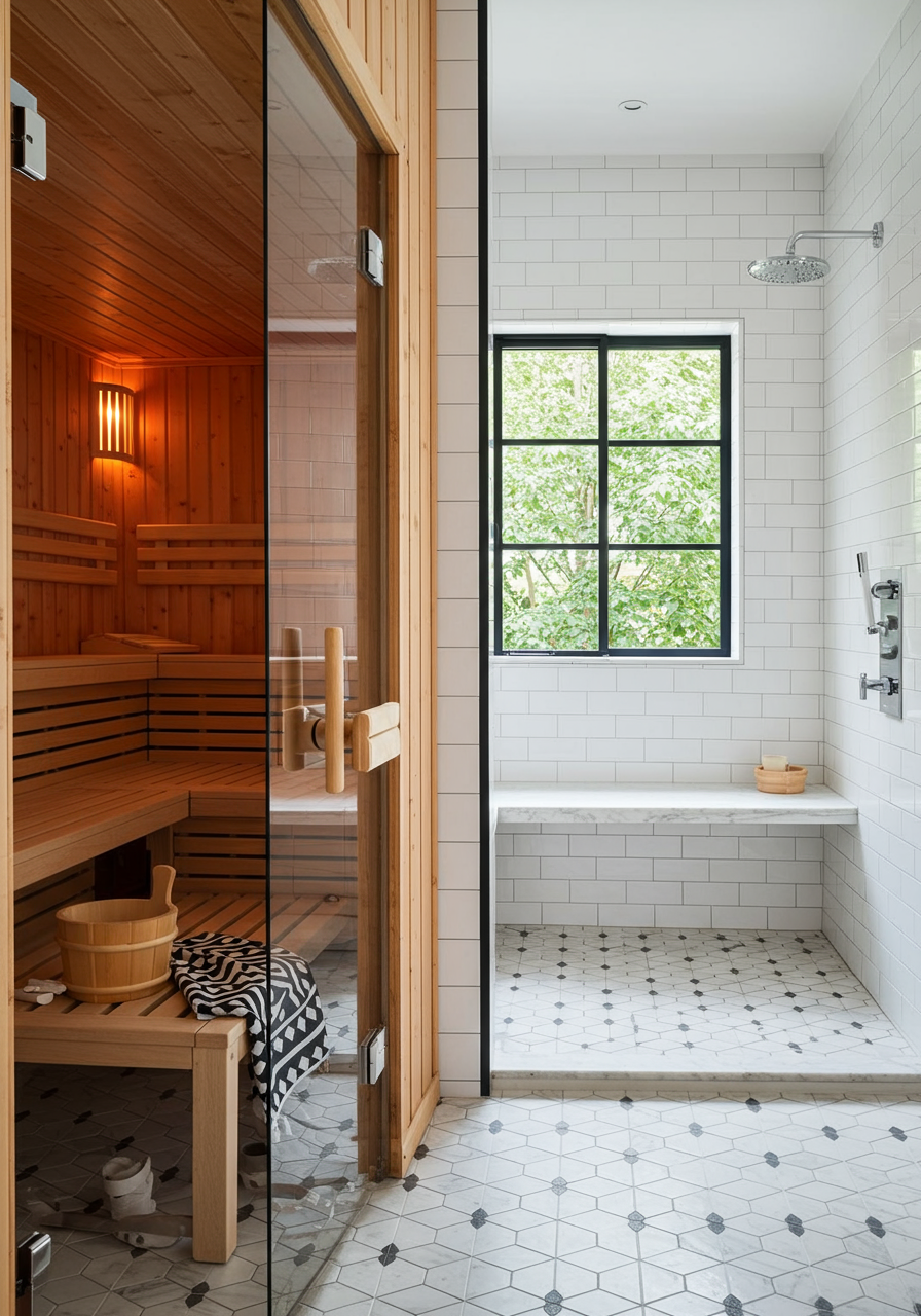 a bathroom with a glass door