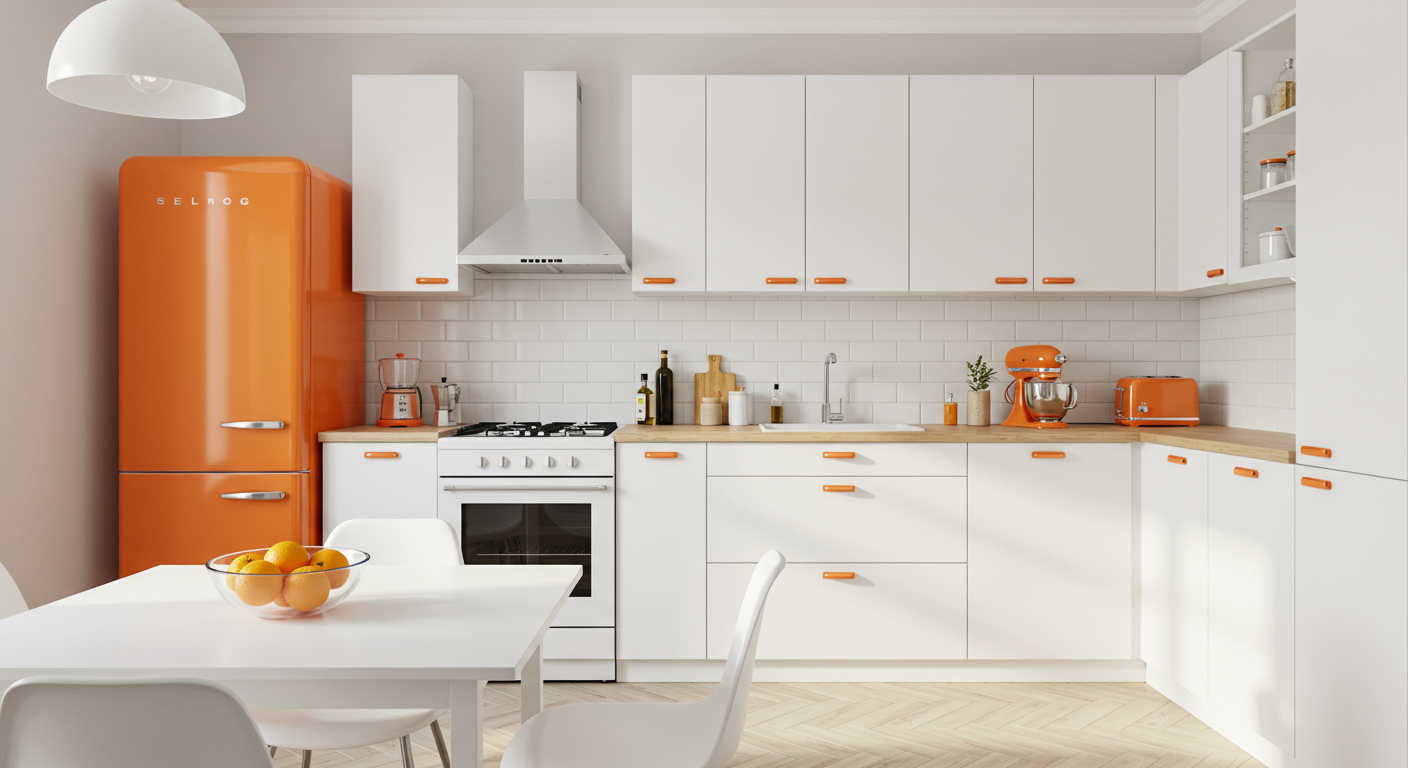 White kitchen with bright orange Smeg fridge