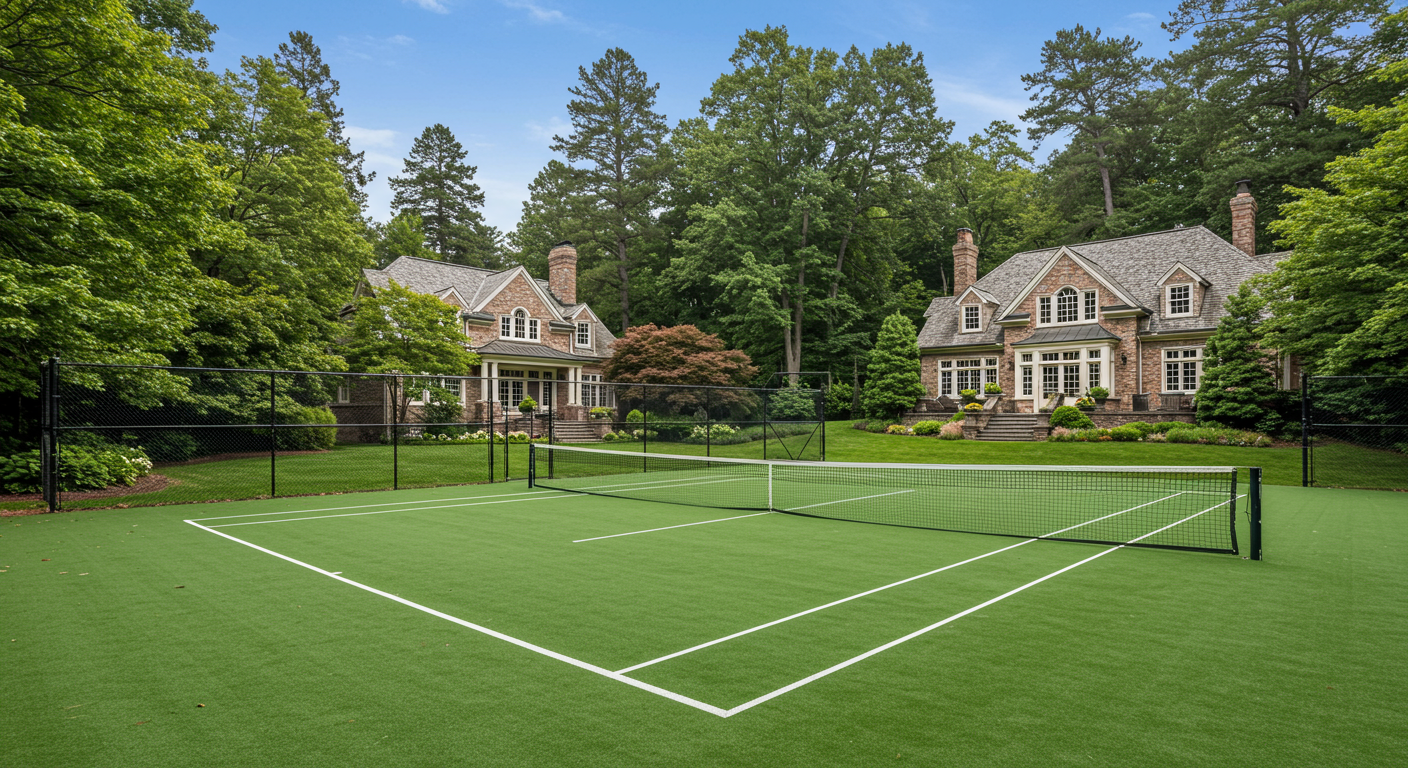 Green tennis court next to house