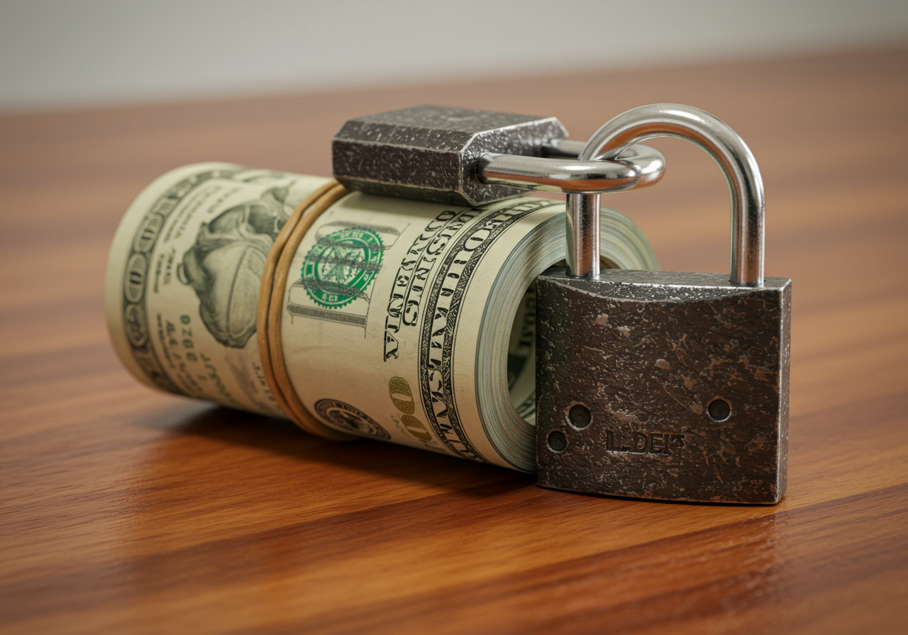 A metal padlock secures a rolled bundle of U.S. dollar bills on a wooden surface.