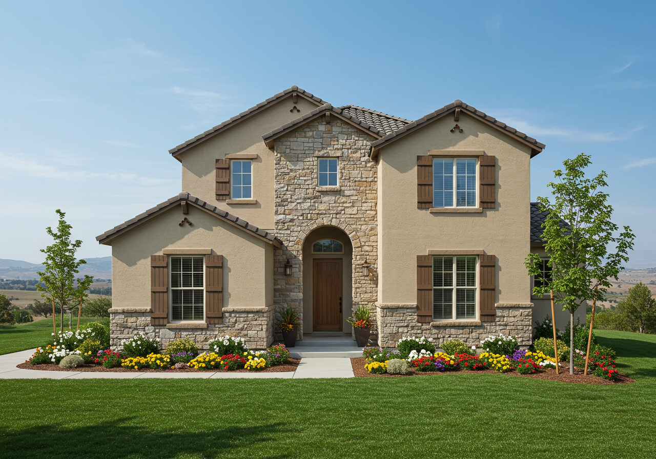 Two-story stucco and stone house with brown shutters, colorful flower beds, and a broad green lawn.