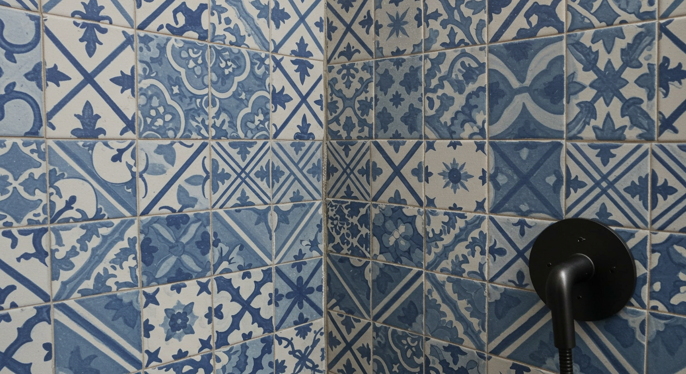 Bathroom wall with blue-and-white patterned tiles and a matte black shower control.