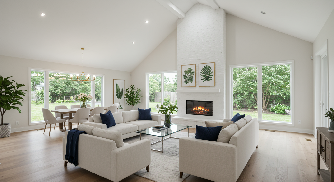 Living room with vaulted ceilings, recessed lighting and brand new flooring