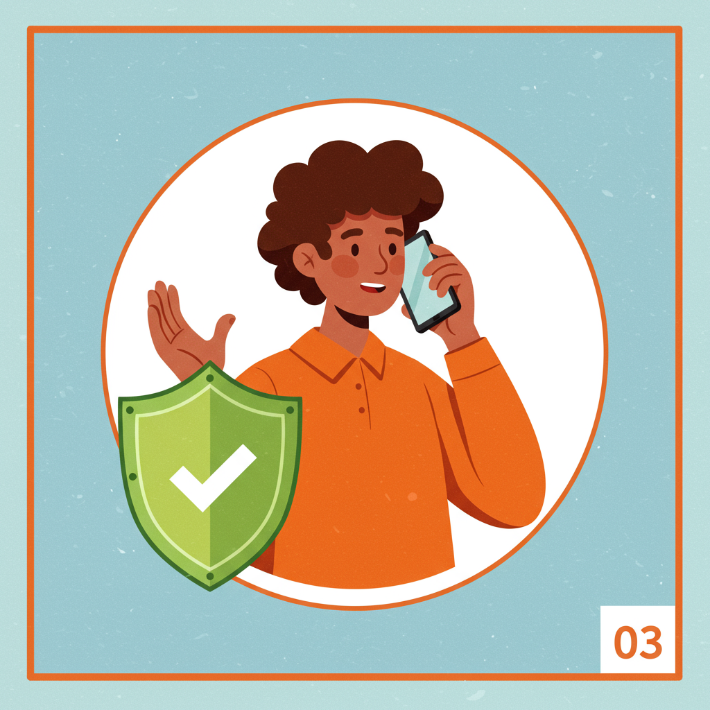 Person speaking on a phone beside a green shield with a check mark, numbered 03.