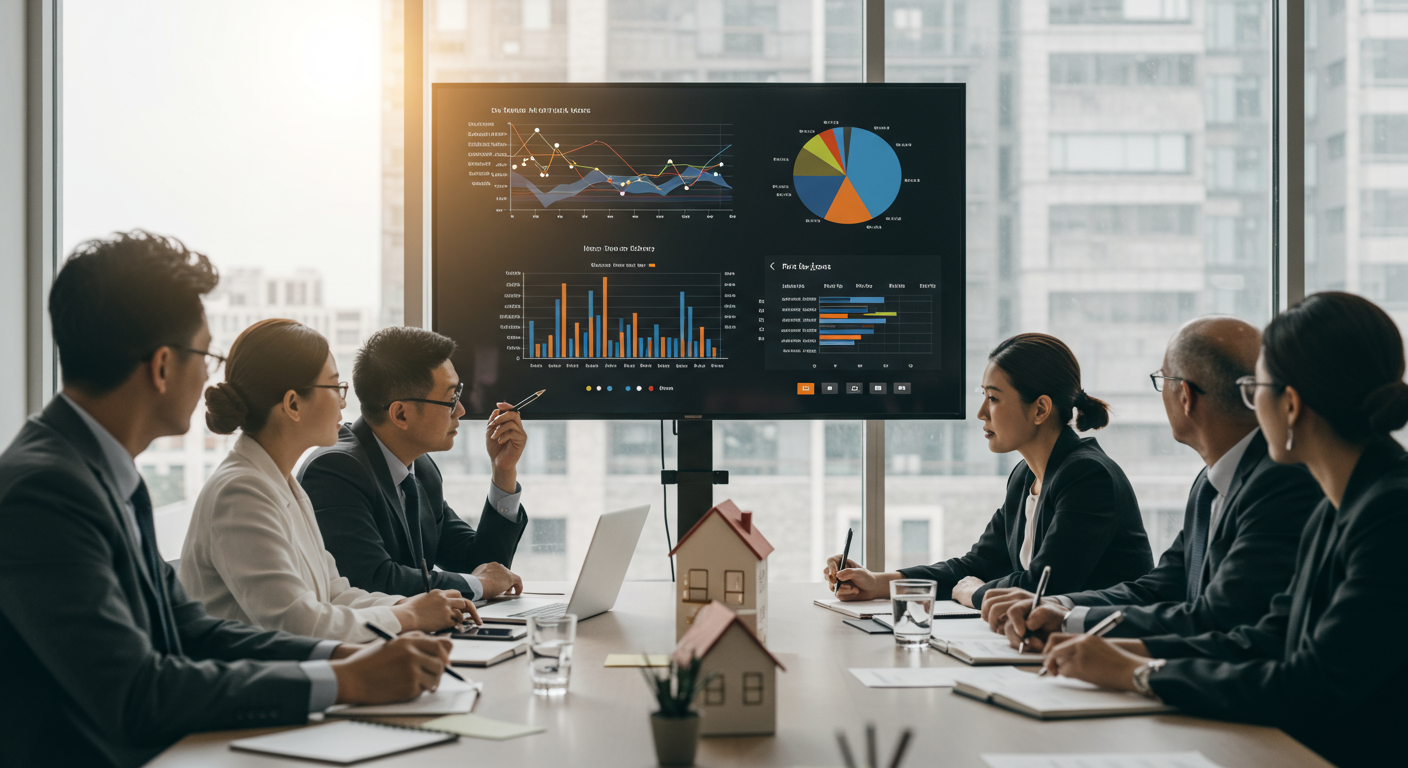 Businesspeople review market charts around a conference table with model houses.