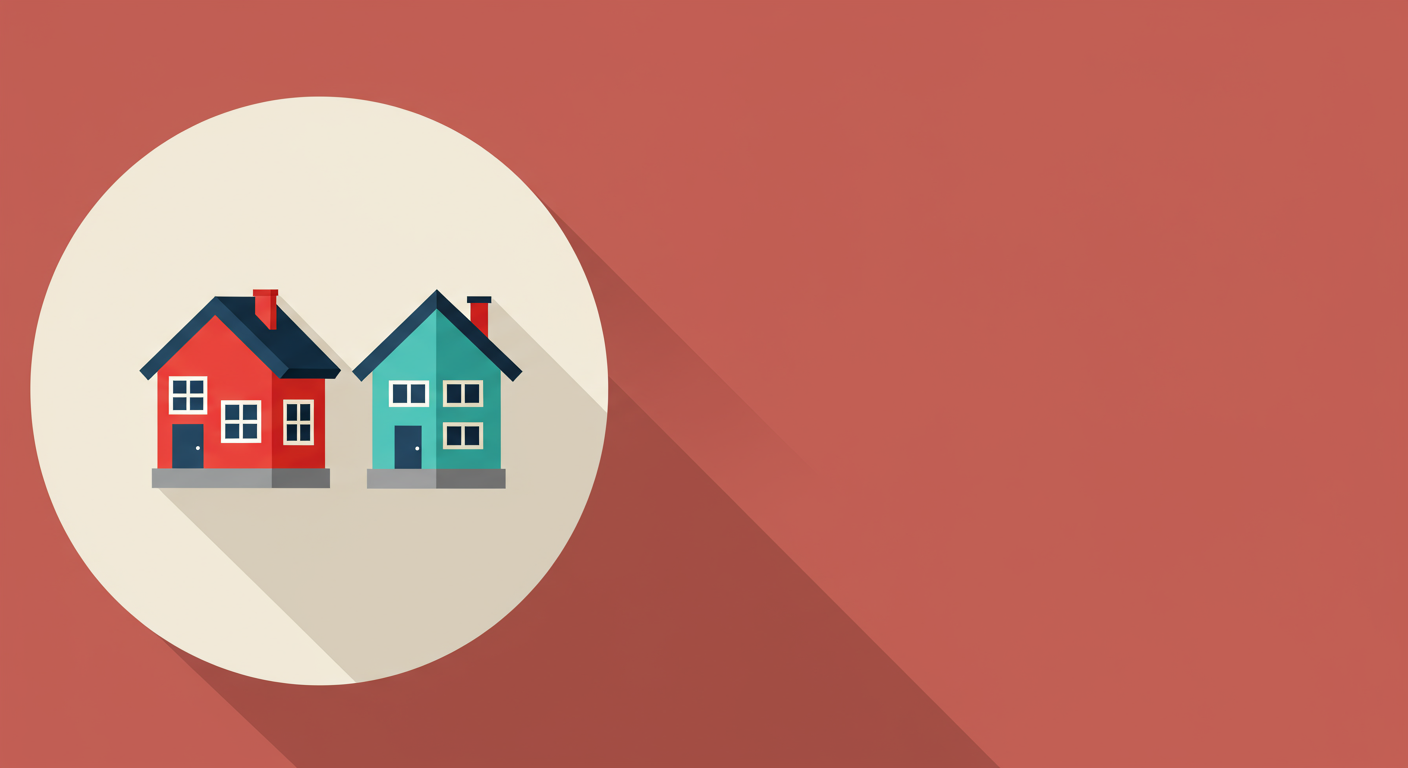 Two stylized houses, one red and one teal, representing real estate listings.