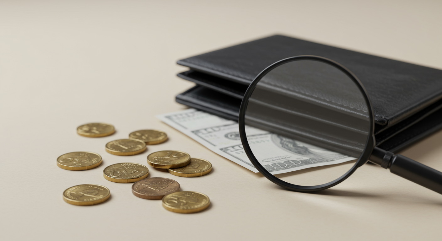 A magnifying glass zooming in on one of the main questions asked by first-time homebuyers, money.