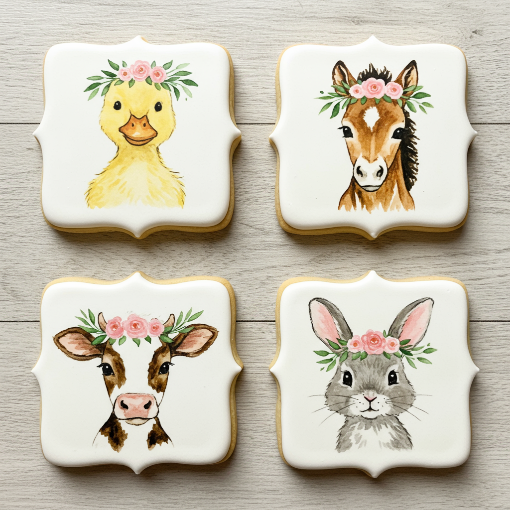 Four iced cookies decorated with flower-crowned duckling, horse, cow, and rabbit portraits.