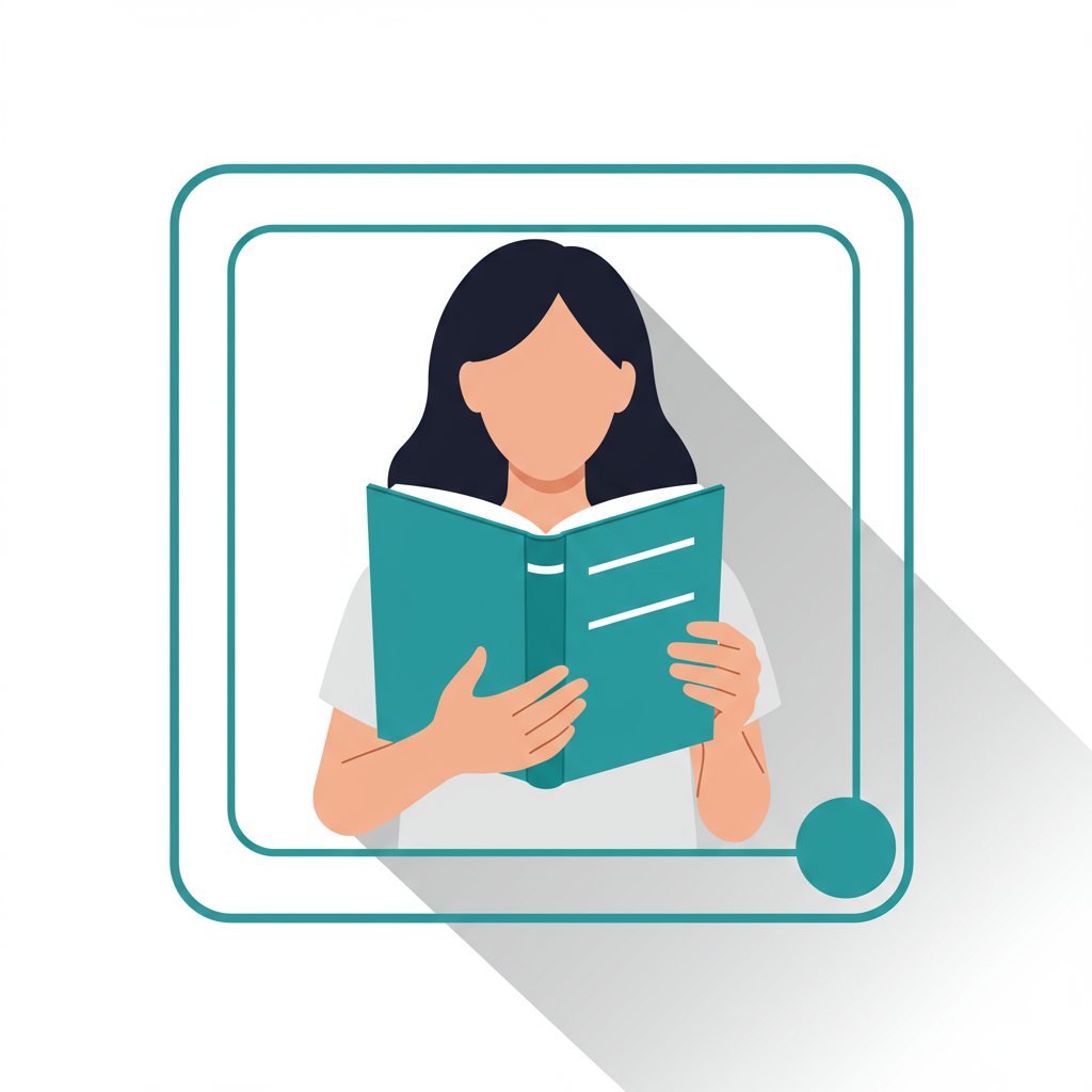 Illustration of a woman reading an open teal book.