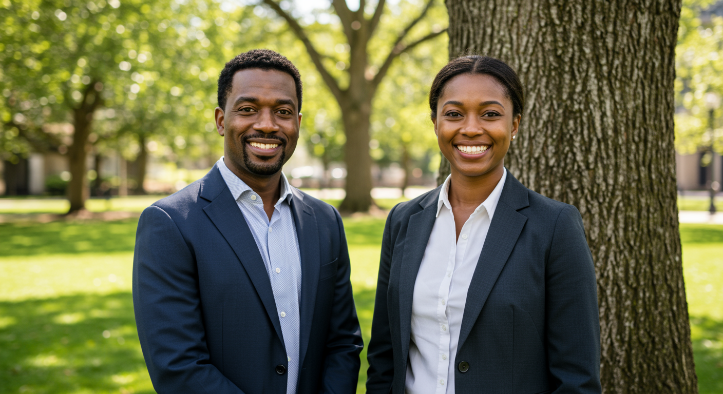 a man and woman standing next to a tree