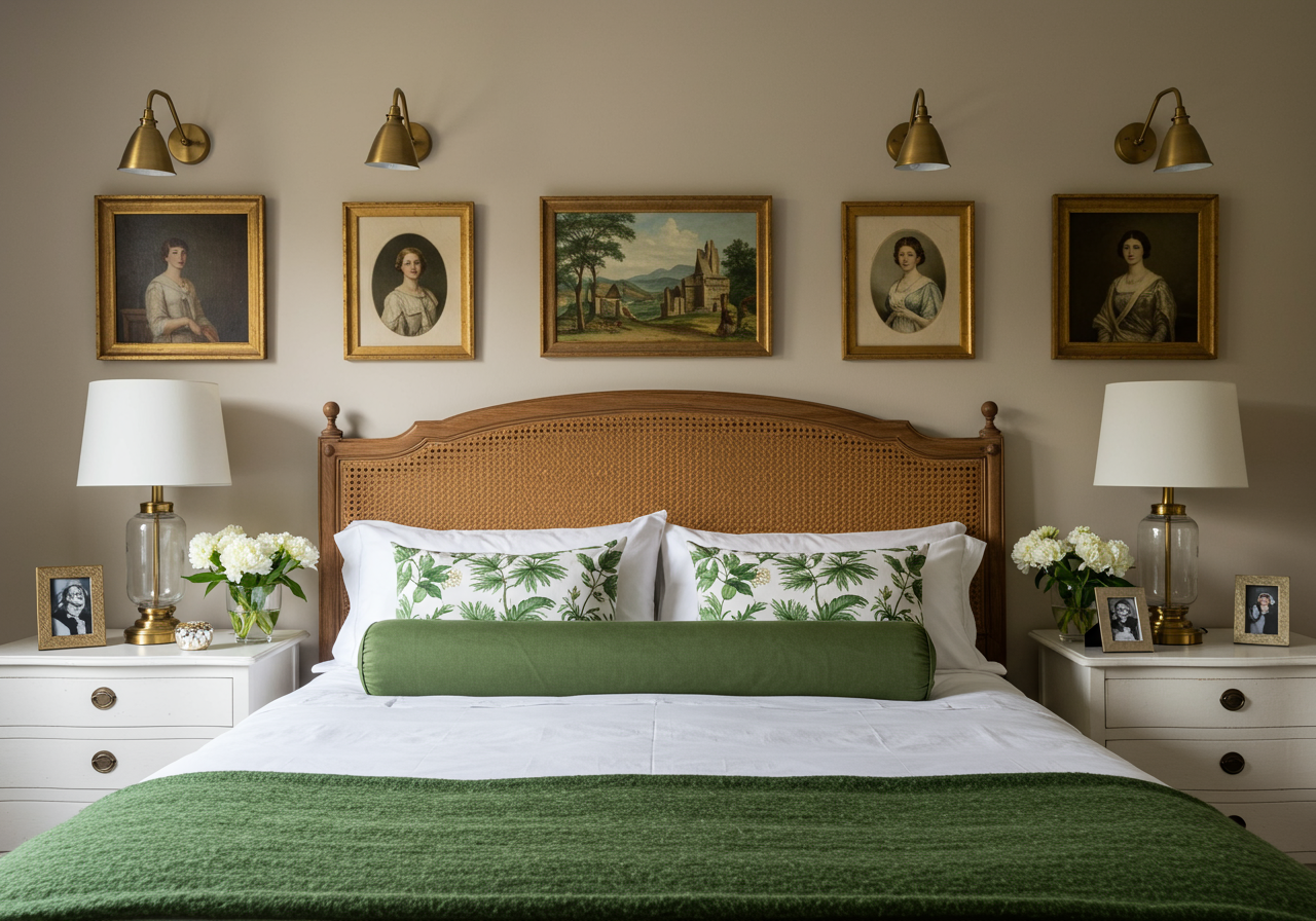 cream vintage bedroom with green accents