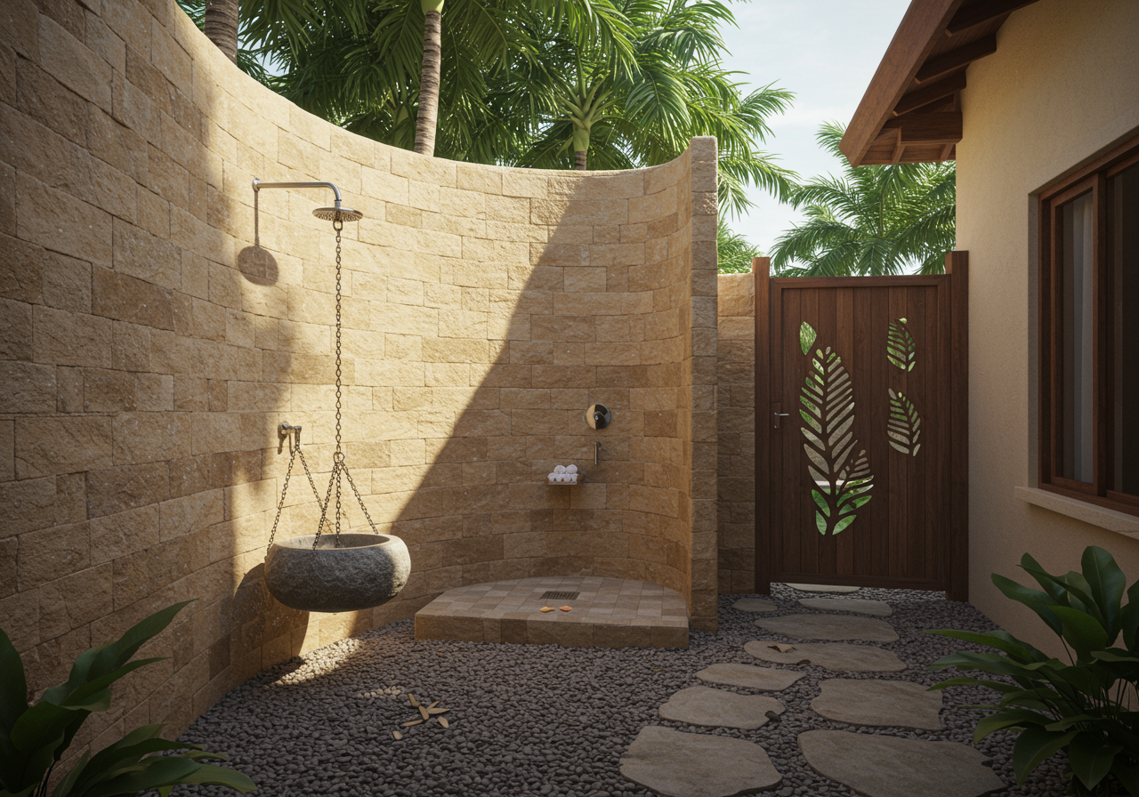 outdoor shower at Balinese-style estate in Launiupoko maui