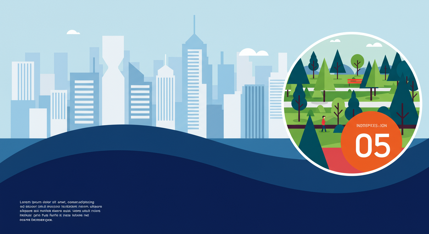 Illustrated city skyline and green park with an orange badge marked 05.