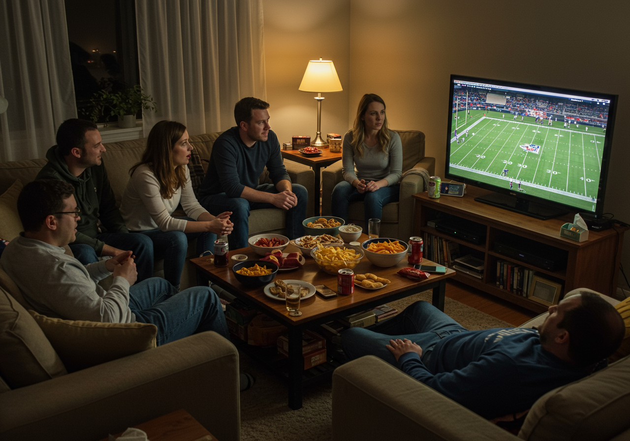 Group of people watch NFL Super bowl XLVIII on television, Feb. 2, Denver Broncos vs Seattle Seahawks