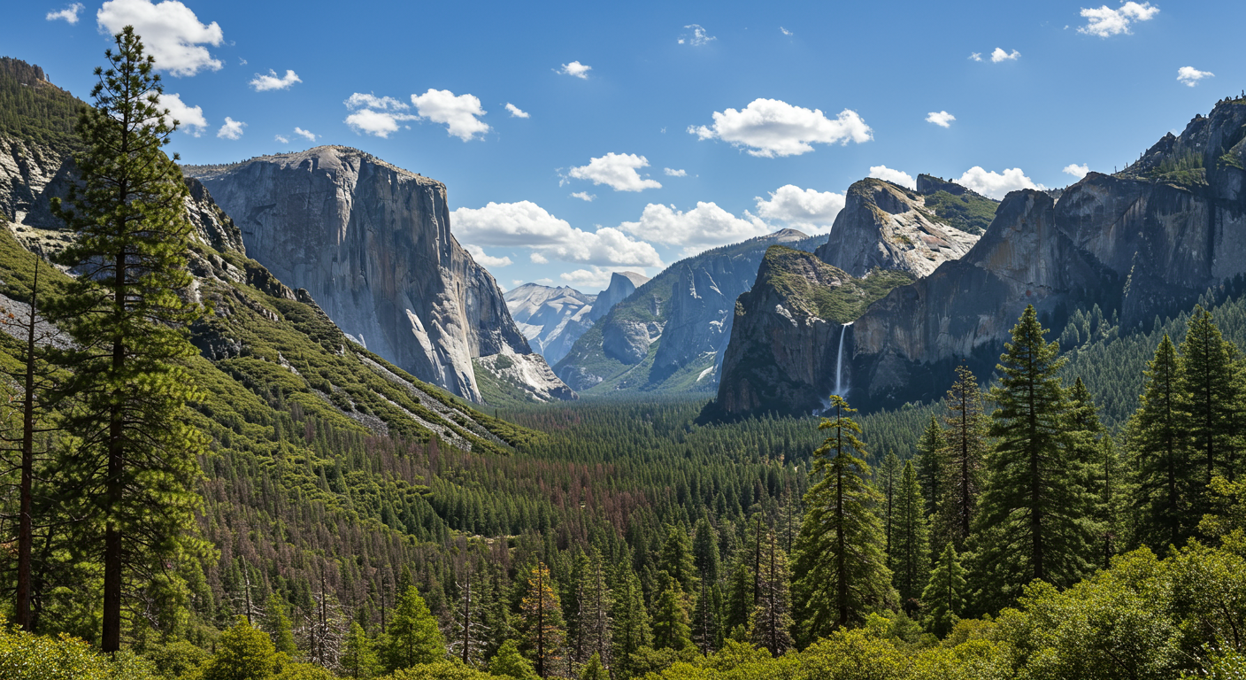 Yosemite Valley with granite cliffs, waterfalls, and Half Dome in the distance.