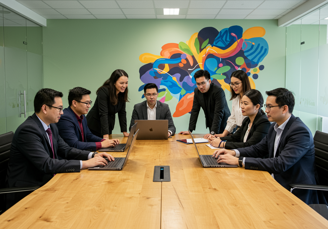 The Chaconas Team, sitting around a laptop in a conference room