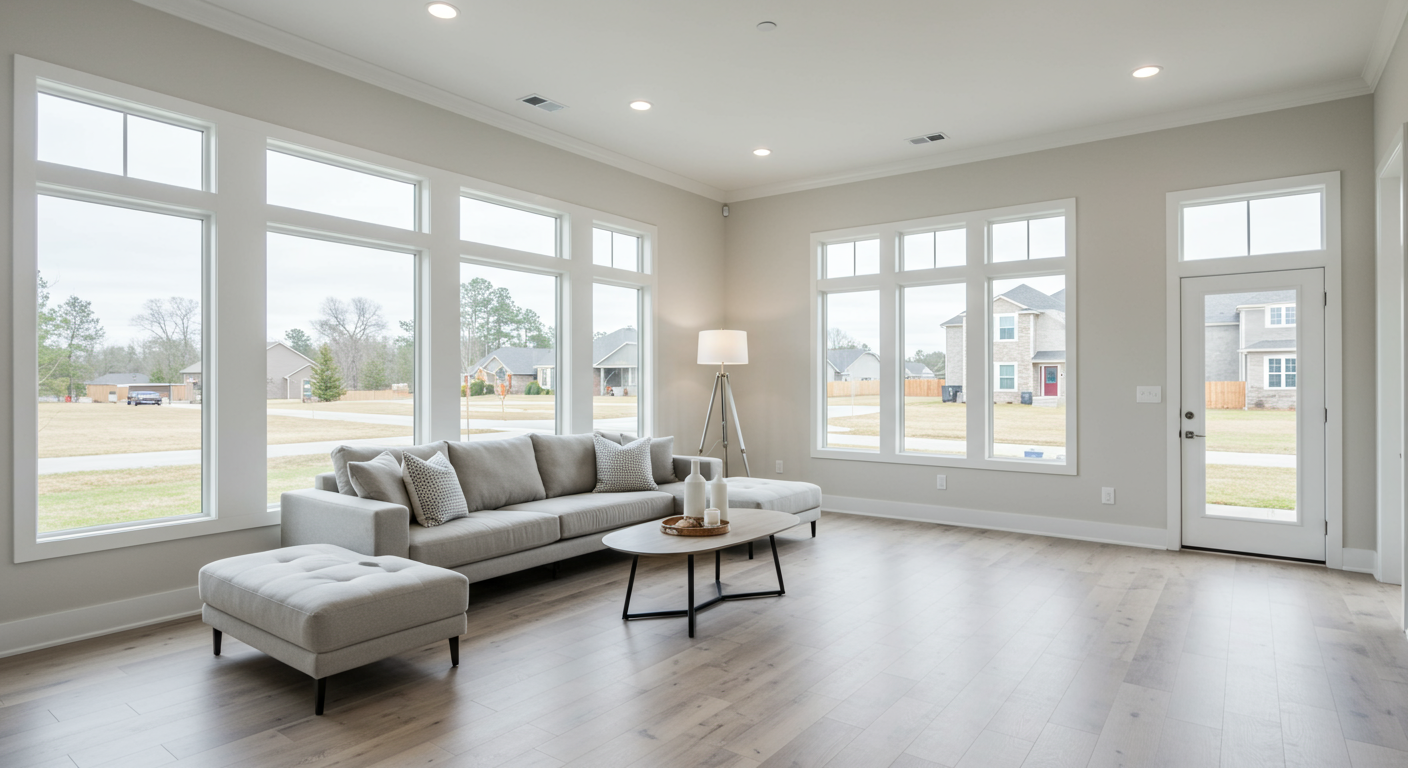 Bright living room with a gray sectional, ottoman, light wood floors, and large windows.