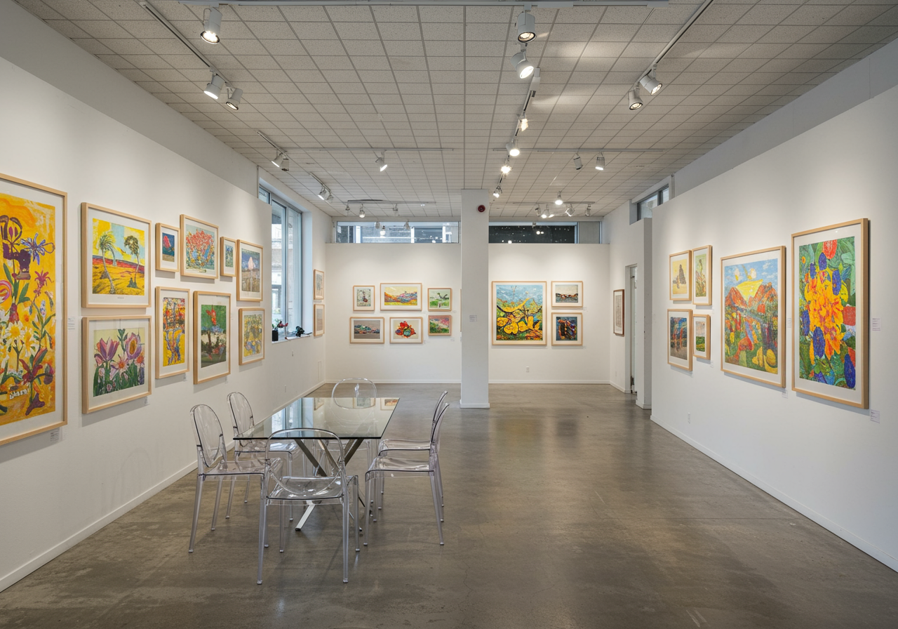 Art gallery with colorful framed paintings and a glass table with clear chairs.