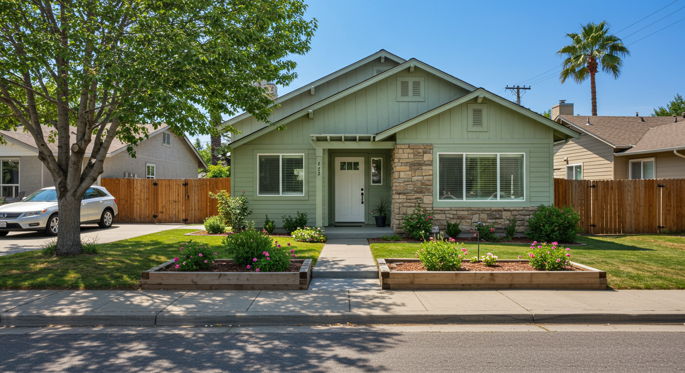 Home exterior with large tree, driveway and lush landscaping.