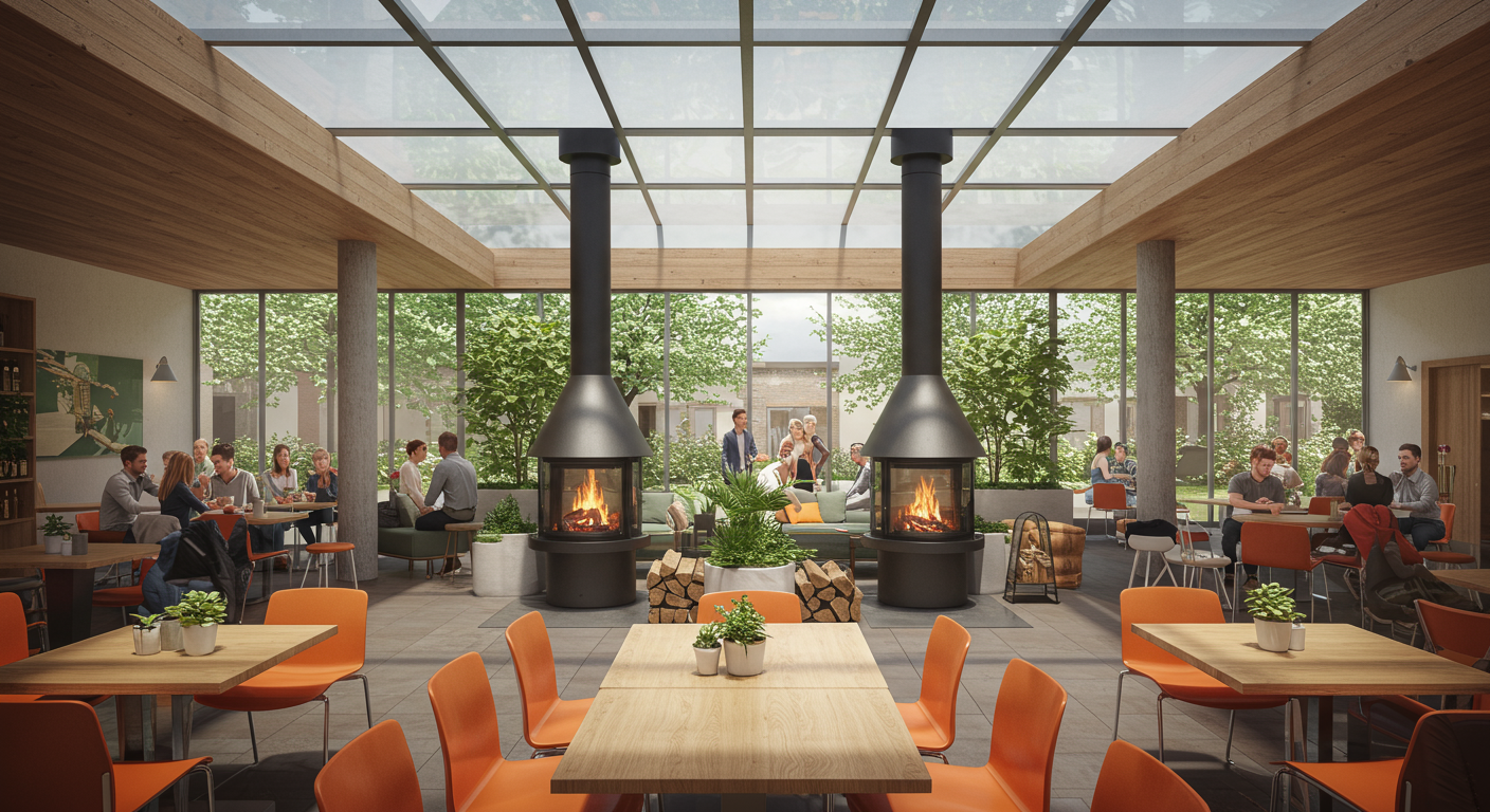 A large, glassed-in atrium dining room.