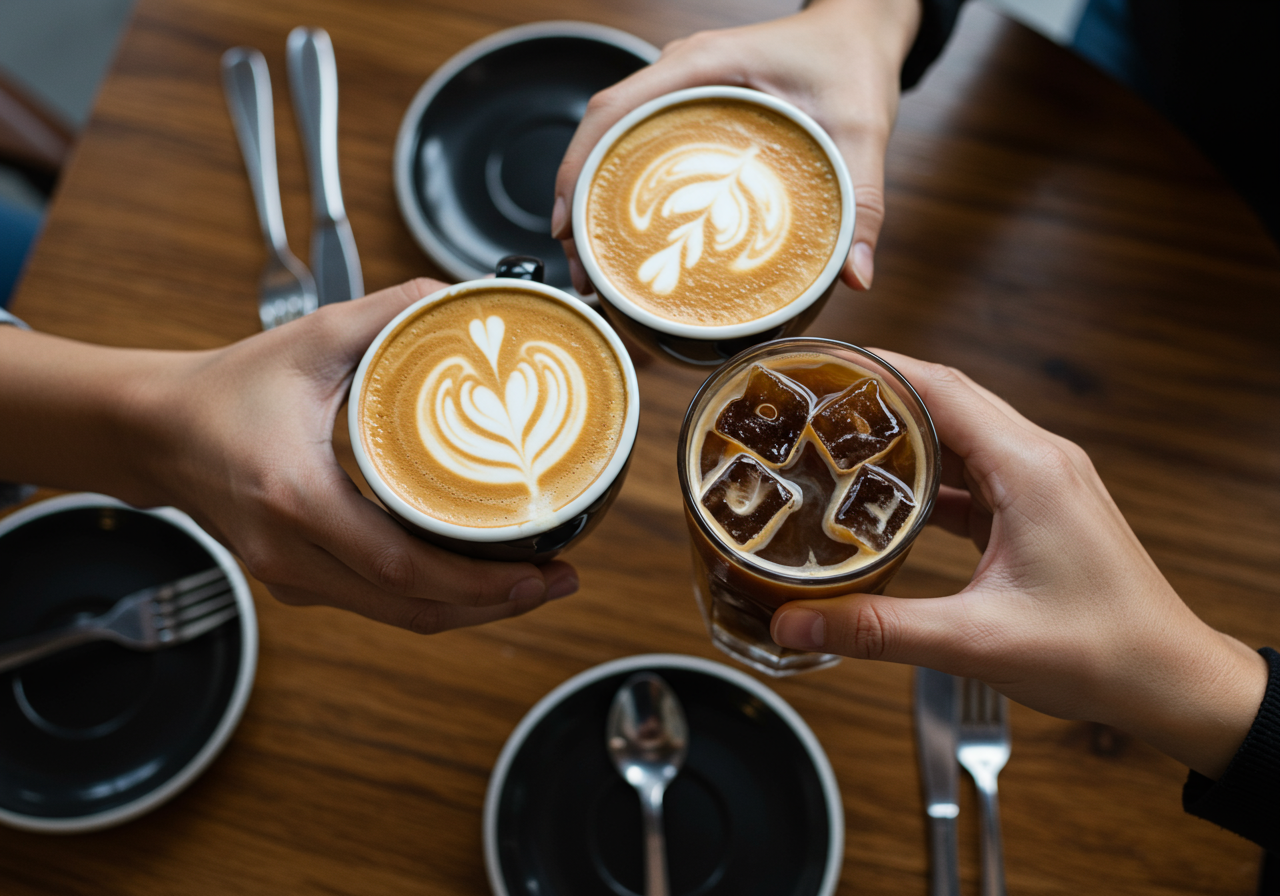 3 mugs of coffee, touching in a toast. 2 have latte art, and the other is iced