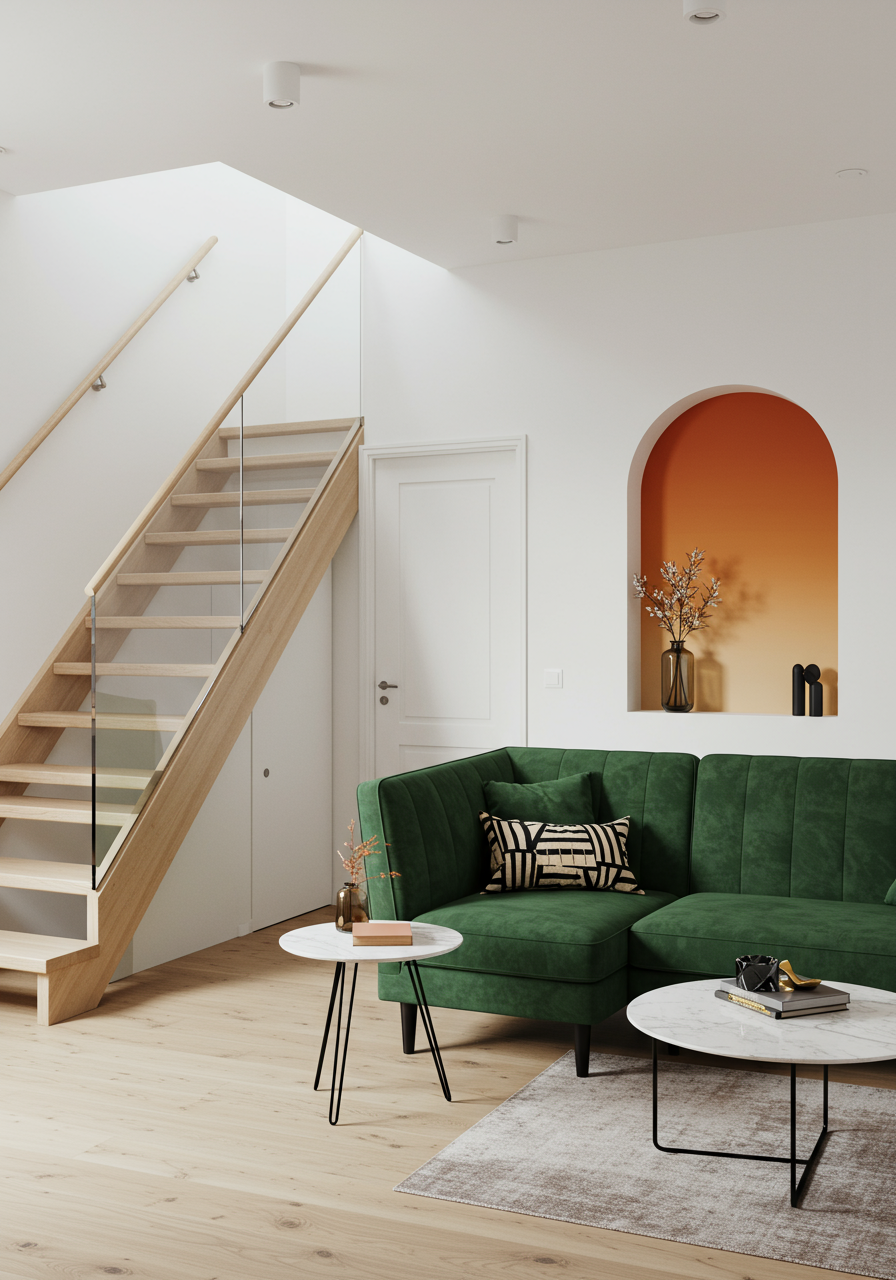 Image may contain Architecture Building House Housing Staircase Furniture Indoors Living Room and Room